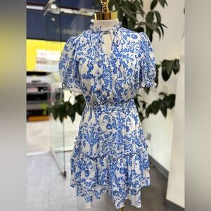 Blue and White Floral Tiered Mini Dress – Puff Sleeve Ruffle Babydoll